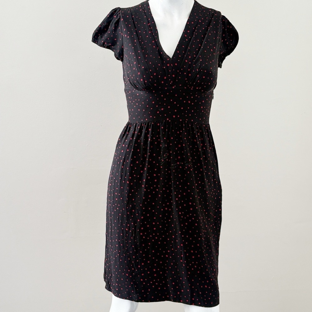 Vintage 90s Betsey Johnson Black Midi Dress w Red Polka Dots Short Puff Sleeves